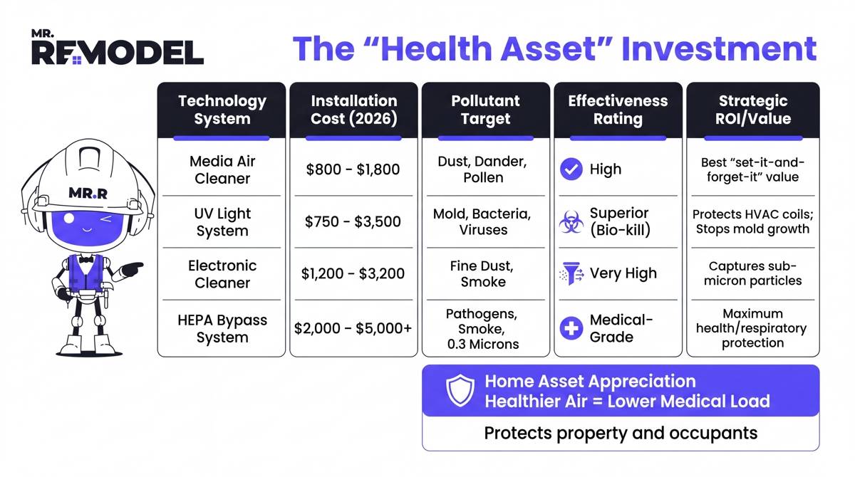 A clean, high-performance table that maps the capital investment (from $750 to $5,000+) to the "Pollutant Removal Efficiency." It visually demonstrates that the price jump is correlated to the size of the particulate being removed (e.g., Dust vs. Smoke vs. Viruses).